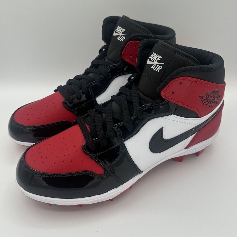 Sz. 11.5 Air Jordan 1 Mid TD Bred Toe Football Cleat Red Black Patent FJ6805-601